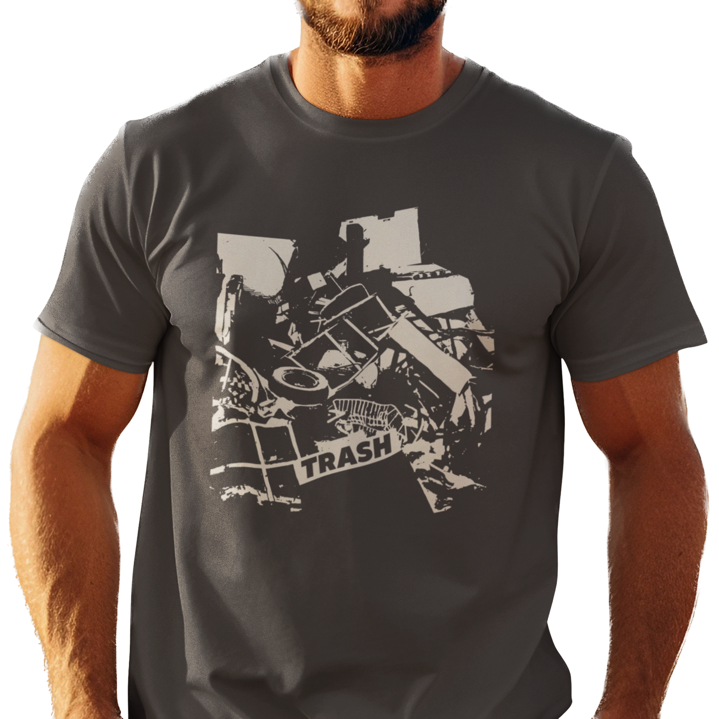 T-shirt with graphic junk pile with text "TRASH" on a piece of junk.