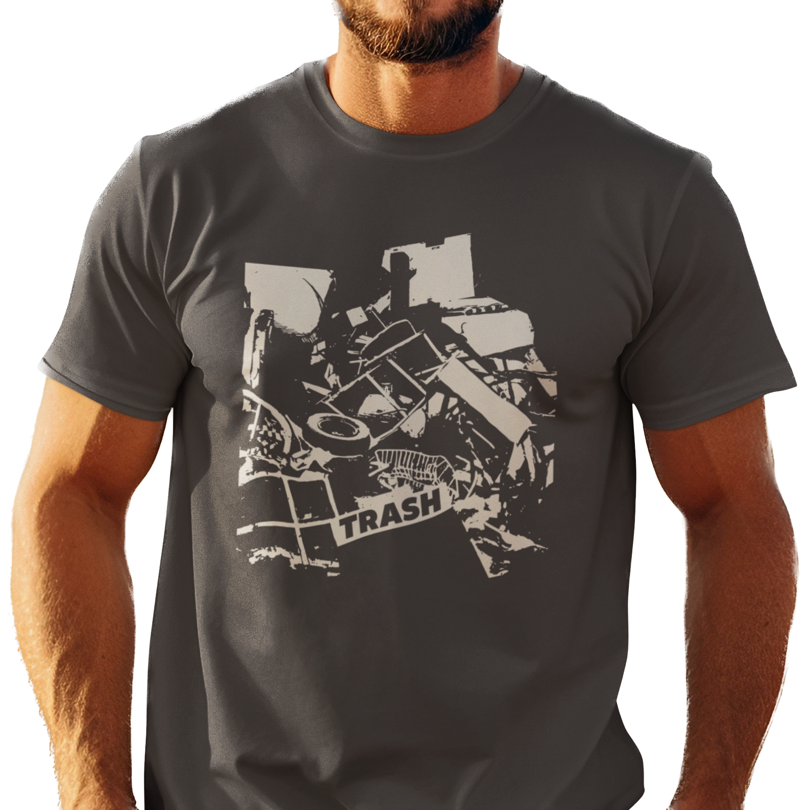 T-shirt with graphic junk pile with text "TRASH" on a piece of junk.