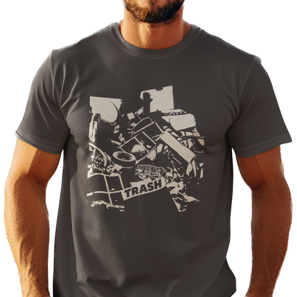 T-shirt with graphic junk pile with text "TRASH" on a piece of junk.