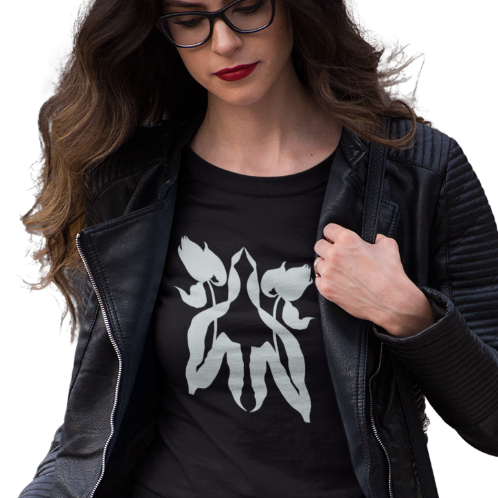 T-shirt with a graphic of two tulips reflecting each other