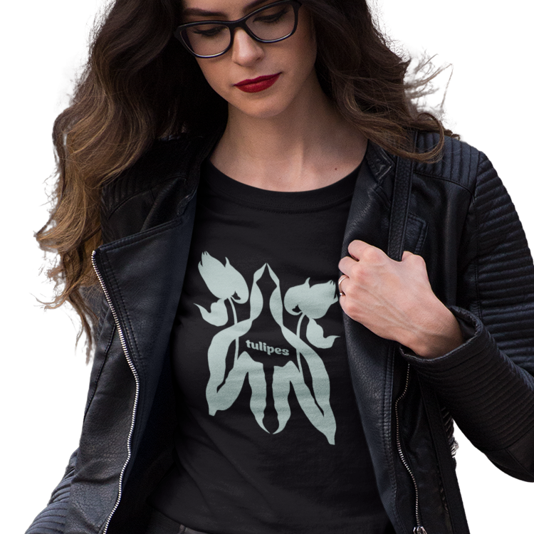 T-shirt with teal tulip design and 'tulipes' text on a white background