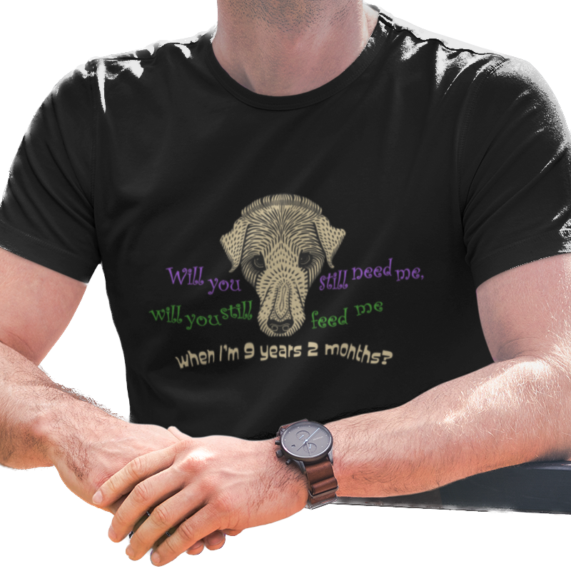 T-shirt with dog graphic and Beatles lyric text.