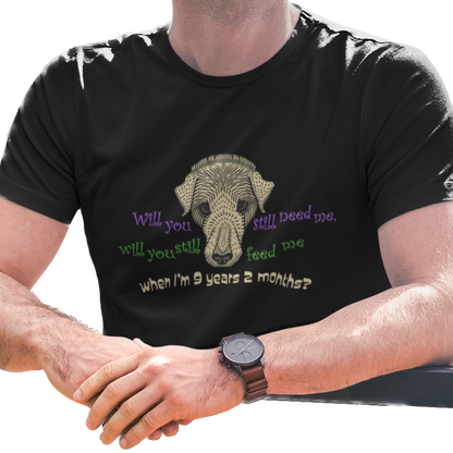T-shirt with dog graphic and Beatles lyric text.