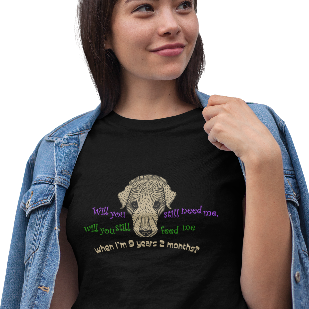 T-shirt with dog graphic and Beatles lyric text.