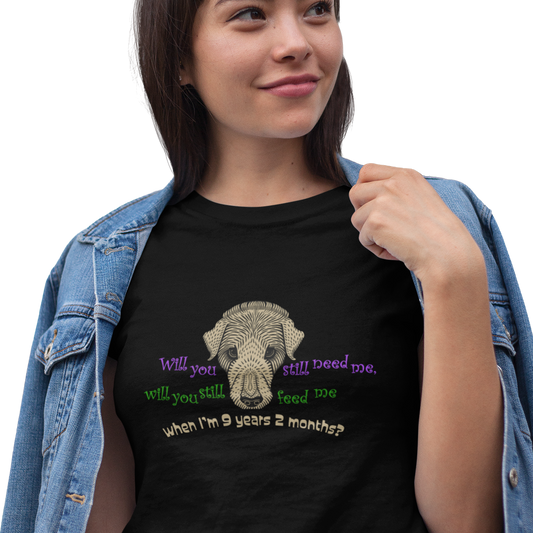 T-shirt with dog graphic and Beatles lyric text.