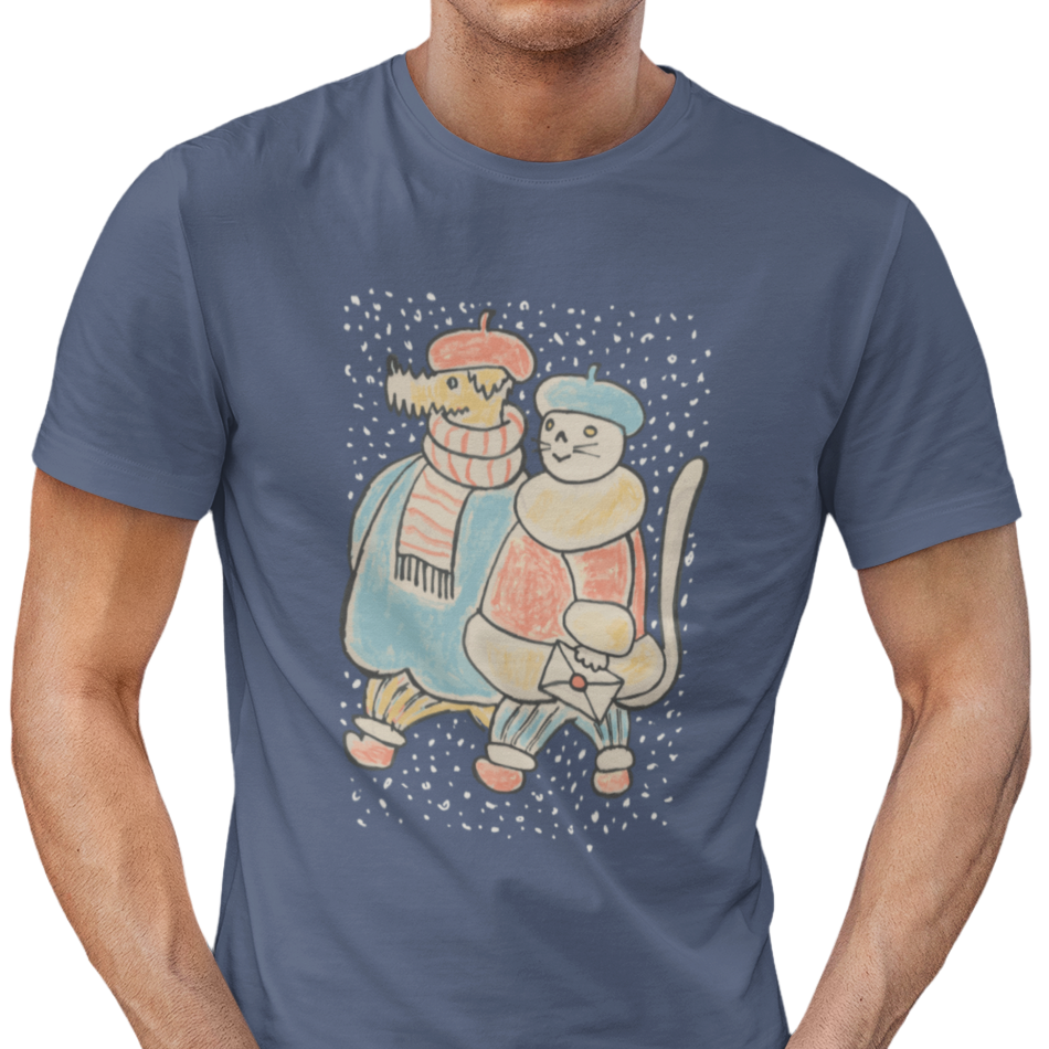 Dog and Cat on a Snowy Winter Walk T-Shirt Unisex
