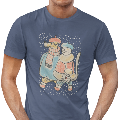 Dog and Cat on a Snowy Winter Walk T-Shirt Unisex