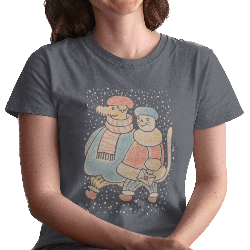 Dog and Cat on a Snowy Winter Walk T-Shirt Women's