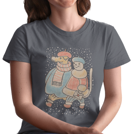 Dog and Cat Snowy Winter Walk T-Shirt Women's