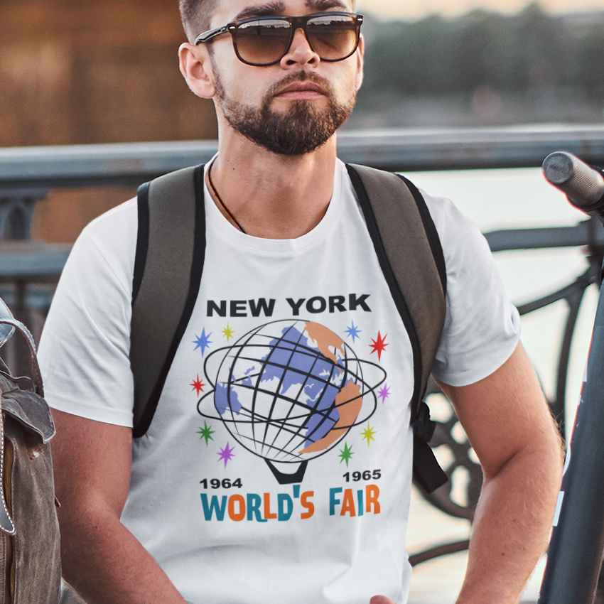 T-shirt with graphic of the Unisphere and New York World's Fair text